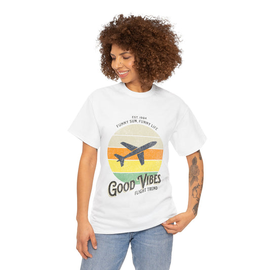 "Flight Trend" with Good Vibes - Unisex Heavy Cotton Tee for Wanderlust